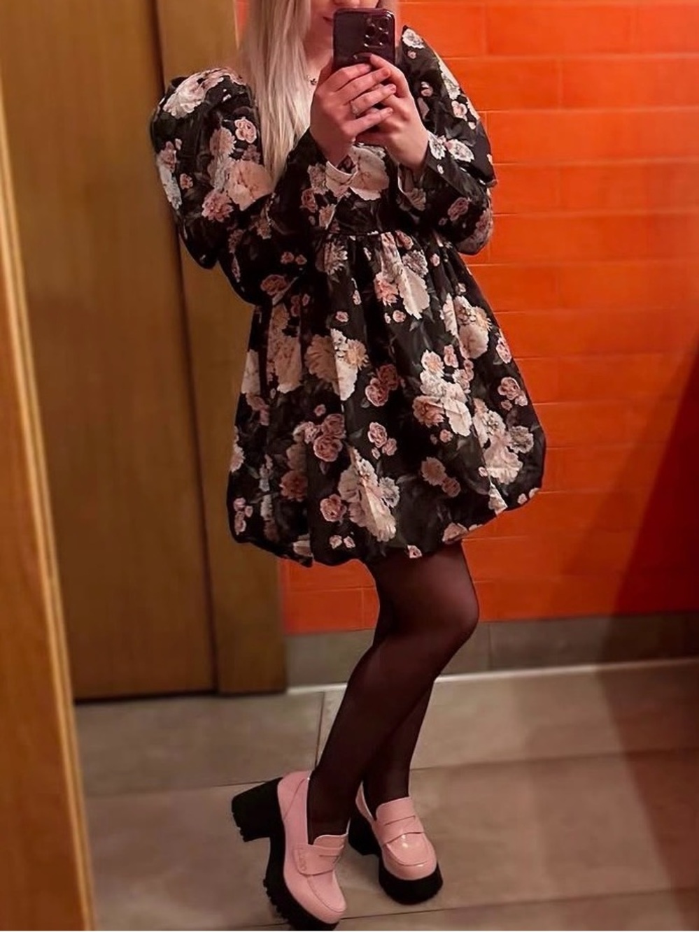 Floral Puff-Sleeve Babydoll Dress - Black/floral print